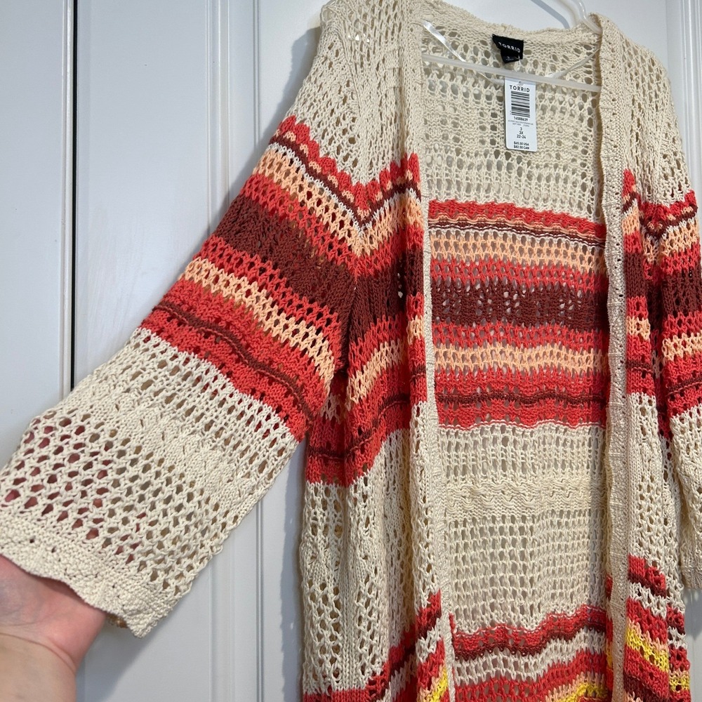 Torrid Open Knit Stripe Crochet Boho Duster‎ Cardigan Sweater Size 3 - Picture 5 of 8